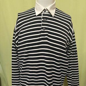 Celine Paris Men's Black White Stripe Long Sleeve Polo Shirt Size Large Cotton